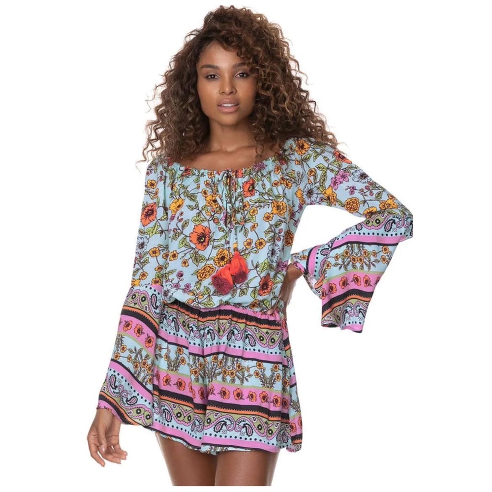 •MAAJI• Calix Romper in Floral Baby Blue‎ Bell Sleeve Boho Tassel Resort Size M